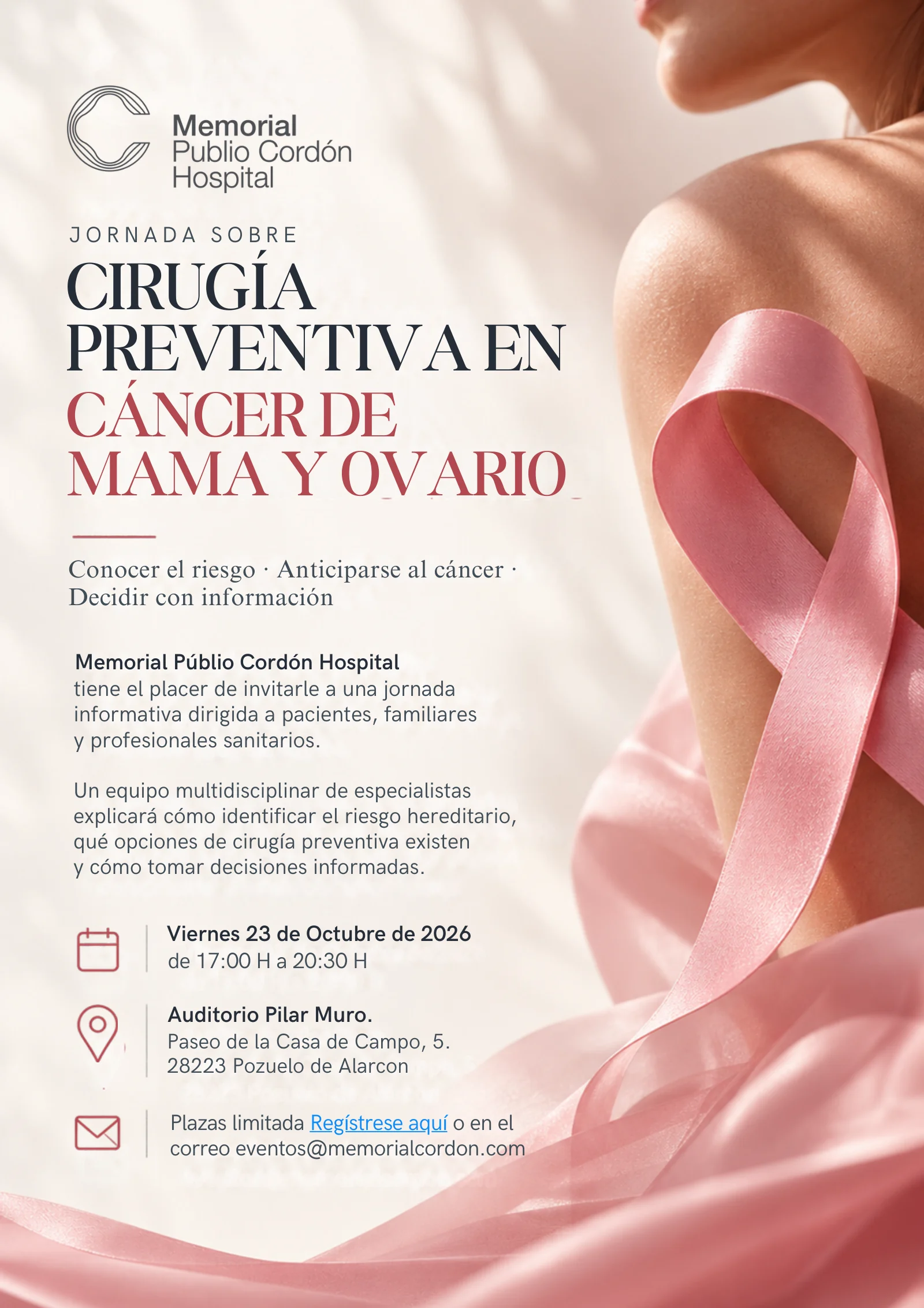 Cartel de la jornada sobre cirugía preventiva en cáncer de mama y ovario en el Memorial Publio Cordón Hospital, 23 de octubre de 2026