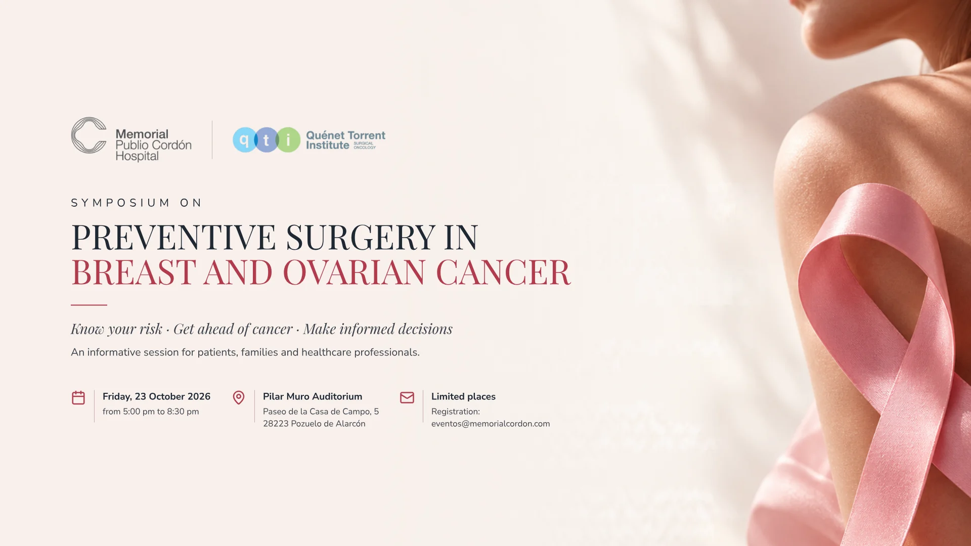 Poster of the symposium on preventive surgery in breast and ovarian cancer at Memorial Publio Cordón Hospital, 23 October 2026