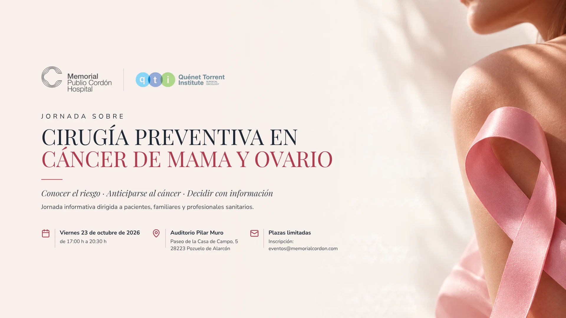 Cartel de la jornada sobre cirugía preventiva en cáncer de mama y ovario en el Memorial Publio Cordón Hospital, 23 de octubre de 2026