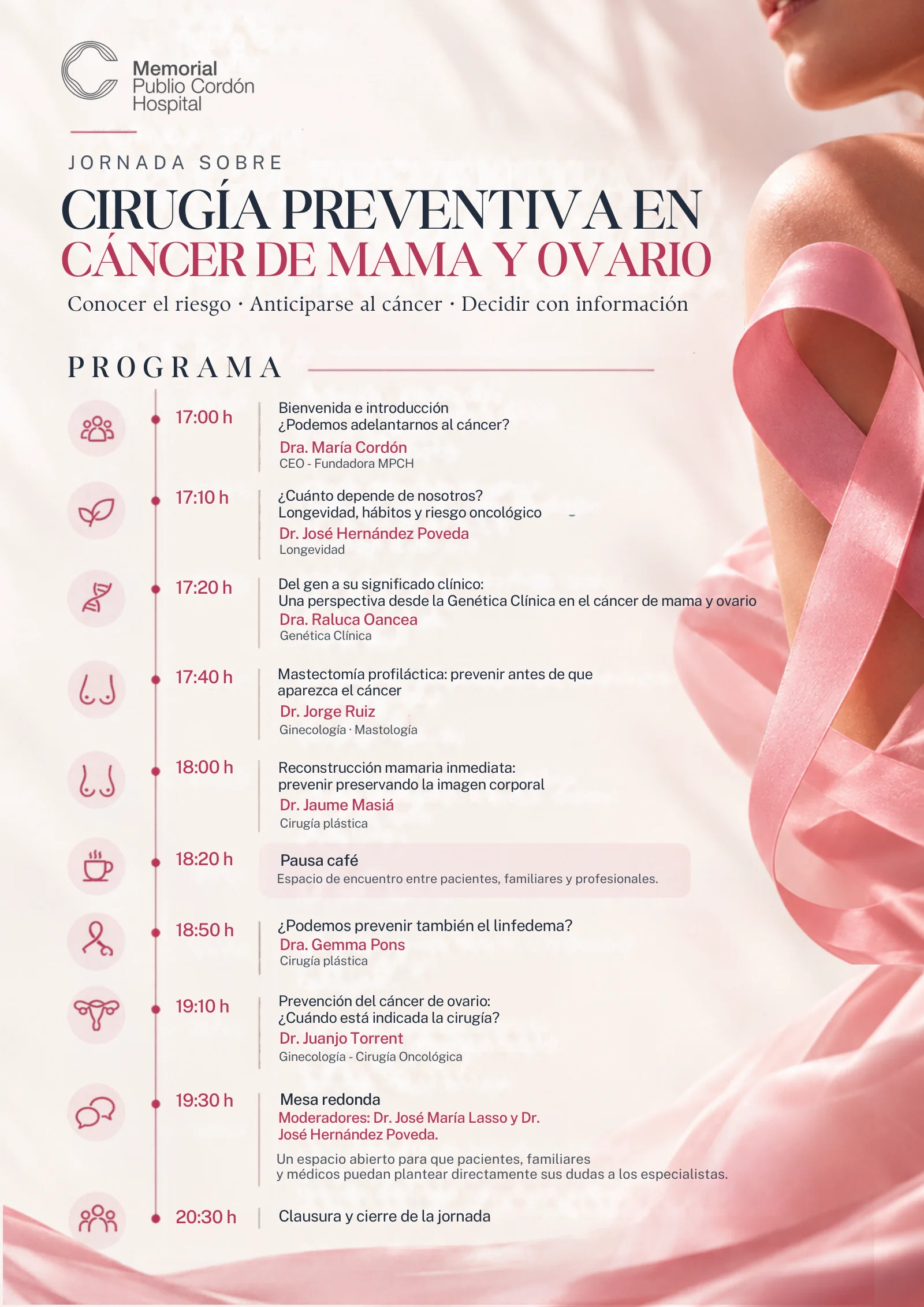 Programa de la jornada sobre cirugía preventiva en cáncer de mama y ovario, de 17:00 a 20:30 h