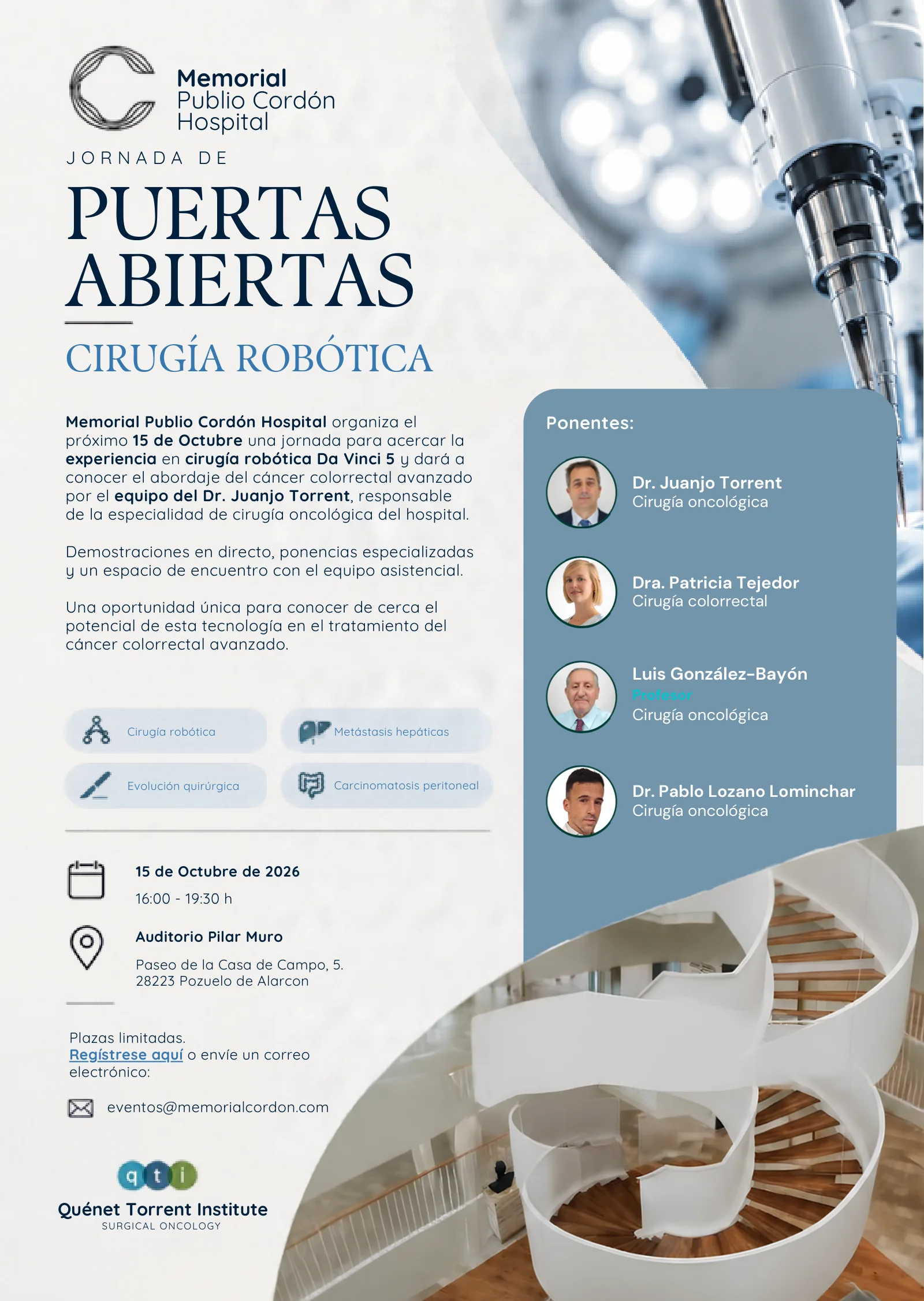 Invitación a la jornada de puertas abiertas de cirugía robótica del Memorial Publio Cordón Hospital con fecha, lugar y ponentes
