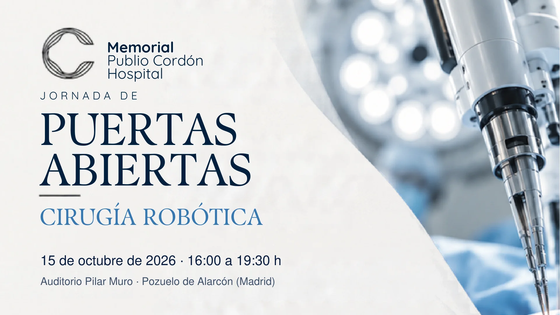 Cartel de la jornada de puertas abiertas de cirugía robótica en el Memorial Publio Cordón Hospital, 15 de octubre de 2026