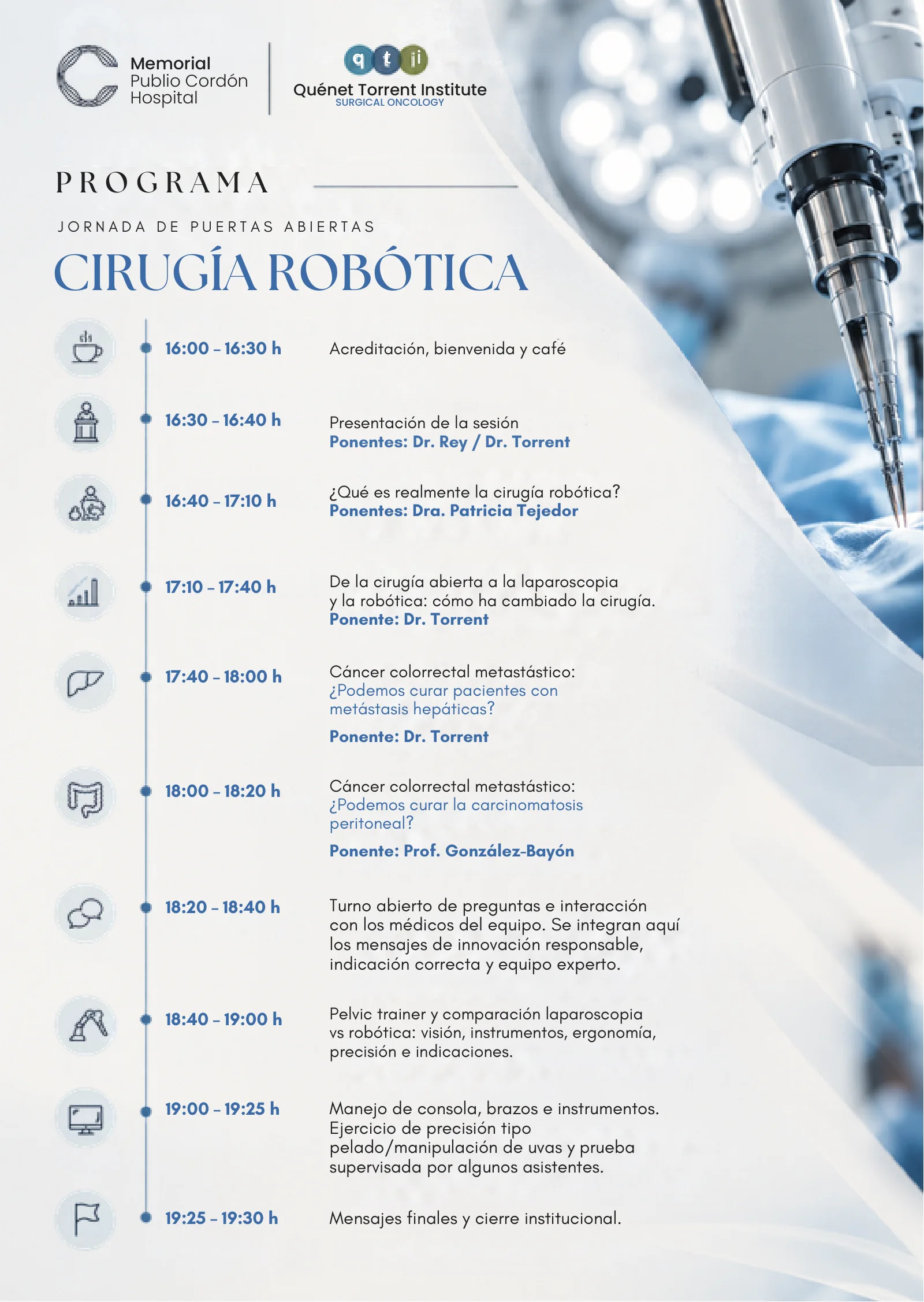 Programa de la jornada de puertas abiertas de cirugía robótica, de 16:00 a 19:30 h
