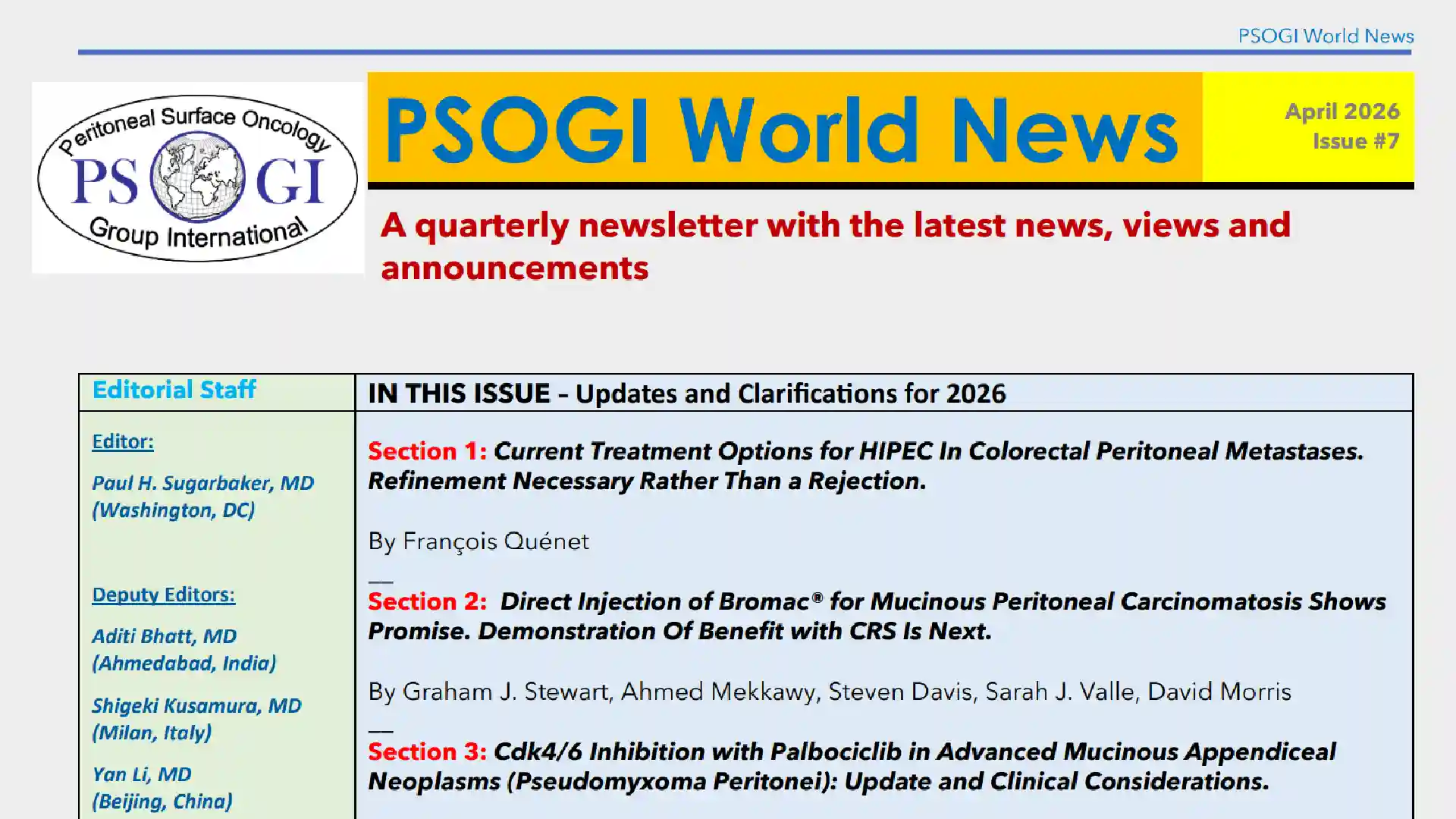 PSOGI World News — scientific bulletin on peritoneal carcinomatosis, April 2026