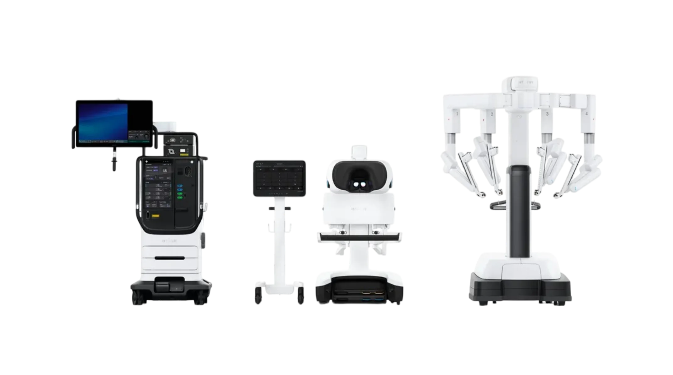Los tres componentes del sistema Da Vinci: torre de visión y control, consola del cirujano y carro robótico con brazos articulados